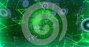 Image of digital globe with futuristic data processing and network connections