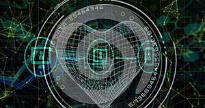 Image of digital icons with big data, heart shaped connections and data processing