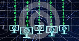 Image of digital icons and binary coding data processing over dark background