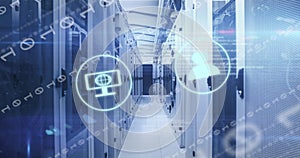 Image of digital icons, data processing and binary coding against server room