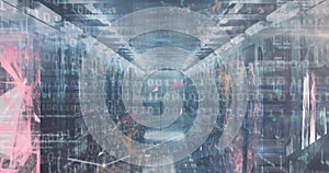 Image of digital icons, data processing and binary coding over empty computer server room