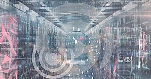 Image of digital icons, data processing and binary coding over empty computer server room