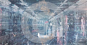 Image of digital icons, data processing and binary coding over empty computer server room