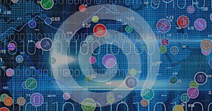 Image of digital icons and data processing with binary coding over world map in background