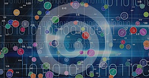 Image of digital icons and data processing with binary coding over world map in background
