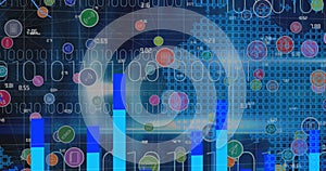 Image of digital icons and data processing with binary coding over world map in background