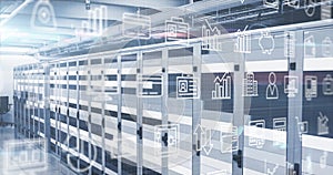 Image of digital icons and data processing over computer servers