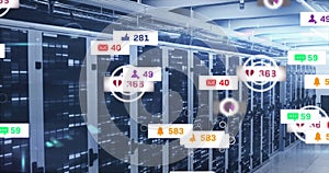 Image of digital icons and data processing over computer servers