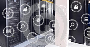 Image of digital icons and data processing over computer servers