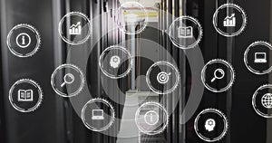 Image of digital icons and data processing over computer servers