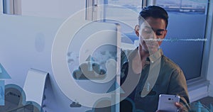 Image of digital icons and data processing over man using computer