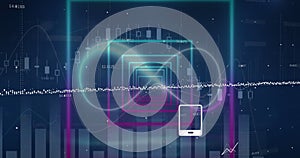 Image of digital icons and data processing over neon squared shapes in seamless pattern