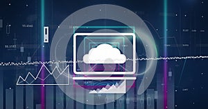 Image of digital icons and data processing over neon squared shapes in seamless pattern