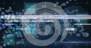 Image of digital icons over globe with binary coding in background