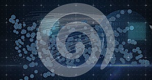 Image of digital icons over globe with binary coding in background