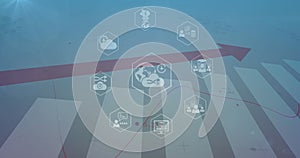 Image of digital icons and statistical data processing against light spot on blue background