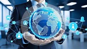 The image is a digital illustration featuring a business professional in a suit, holding a holographic representation of a globe.