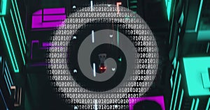 Image of digital interface with binary coding over car driving