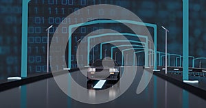 Image of digital interface with binary coding over car driving