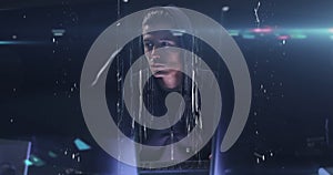 Image of digital interface with data processing and male hacker using computer