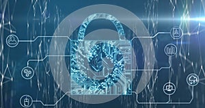 Image of digital interface data processing with online security padlock and network of icons