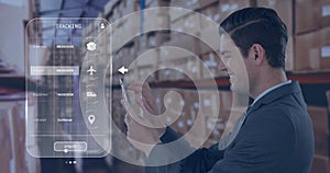 Image of digital interface with data processing over caucasian businessman using smartphone