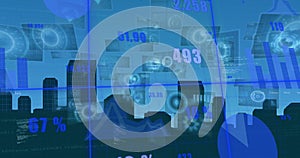 Image of digital interface and data processing over cityscape on blue background