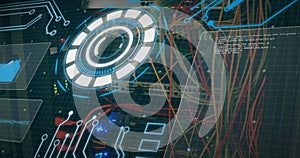 Image of digital interface and data processing over server room