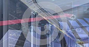 Image of digital interface and data processing over server room