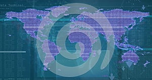 Image of digital interface and data processing over world map on blue background