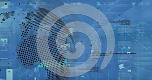 Image of digital interface and data processing over world map on blue background