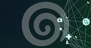 Image of digital interface and globe of network of connections with white icons turning on green