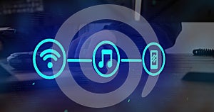 Image of digital interface with icons and data processing over man using computer