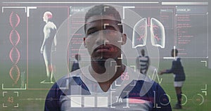 Image of digital interface with medical data processing over rugby players