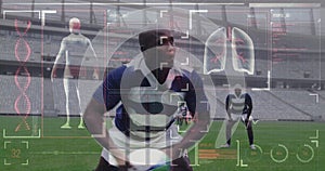 Image of digital interface with medical data processing over rugby players