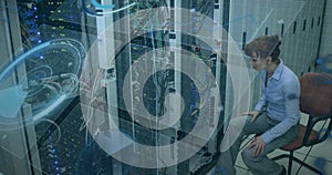 Image of digital interface over caucasian female server room worker