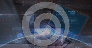 Image of digital interface over person using laptop