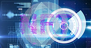 Image of digital interface with scan scoping and nft text over blue background