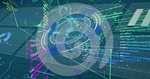 Image of digital interface screens with circle, dots connecting with lines and programming data