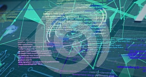Image of digital interface screens with circle, dots connecting with lines and programming data