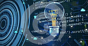 Image of digital lightbulb and media icons over scope scanning and data processing