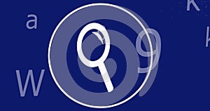 Image of digital magnifying glass icon, letters and data processing on blue icon