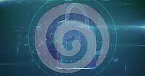 Security padlock icon against data processing over spinning globe