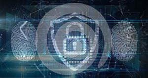 Image of digital padlock, biometric fingerprints and data processing