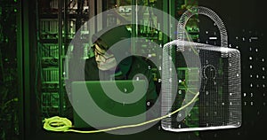 Image of digital padlock over asian man working in server room