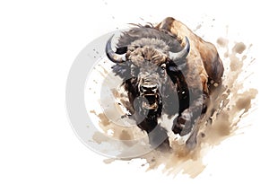 Image of digital painting an angry bison on a white background. Wildlife Animals. Illustration, Generative AI