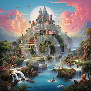 fantastical castle on a small island situated amid a body of water photo