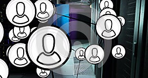Image of digital people icons and data processing over computer servers