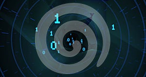 Image of digital screen with binary code and shapes