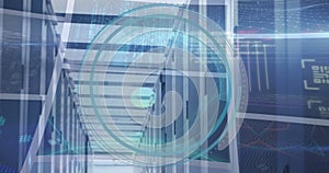 Image of digital screens over data processing and server room